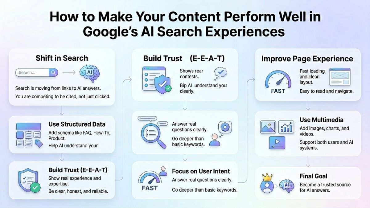 google ai experience showing ai overview results with structured data markup and page experience signals for ai search result visibility