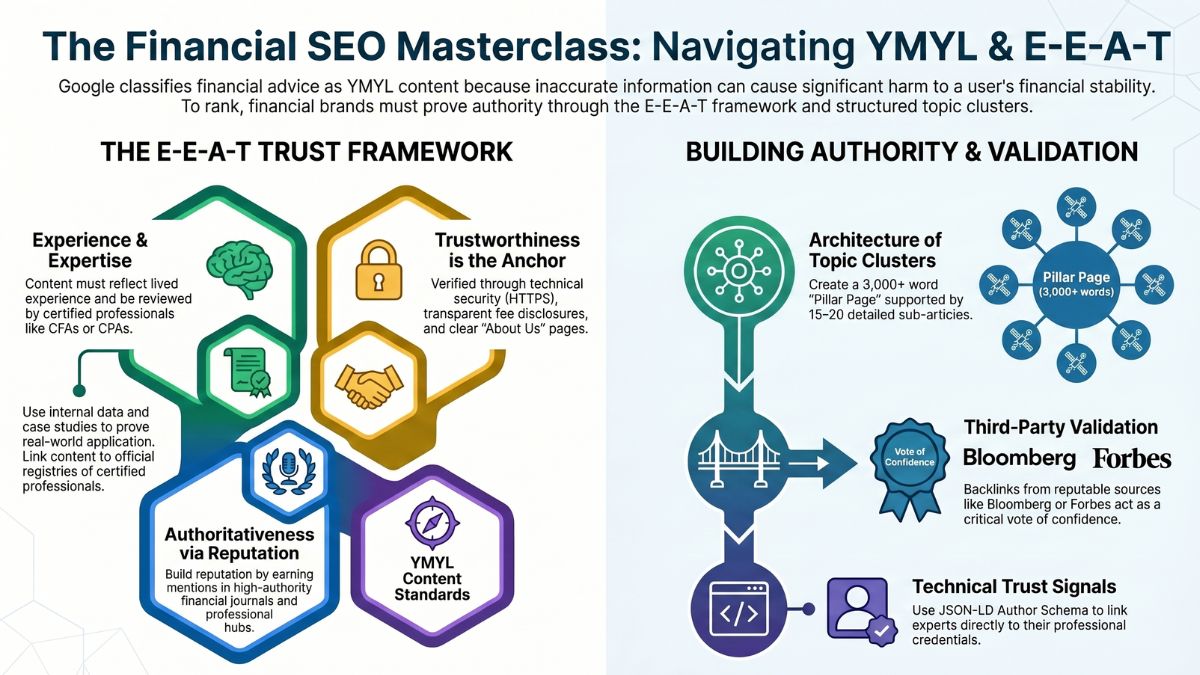 Infographic showing E-E-A-T framework and Topic Clusters used in SEO strategies for financial services