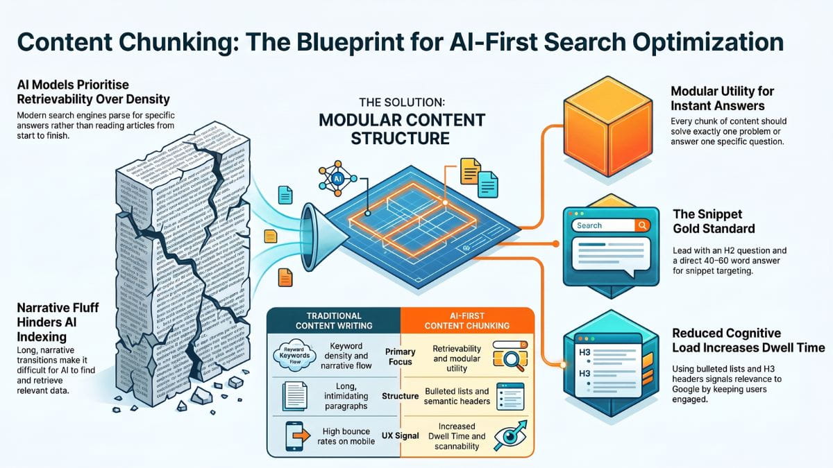 Diagram showing how content chunking and text structuring helps AI search engines retrieve and display brand content in featured snippets