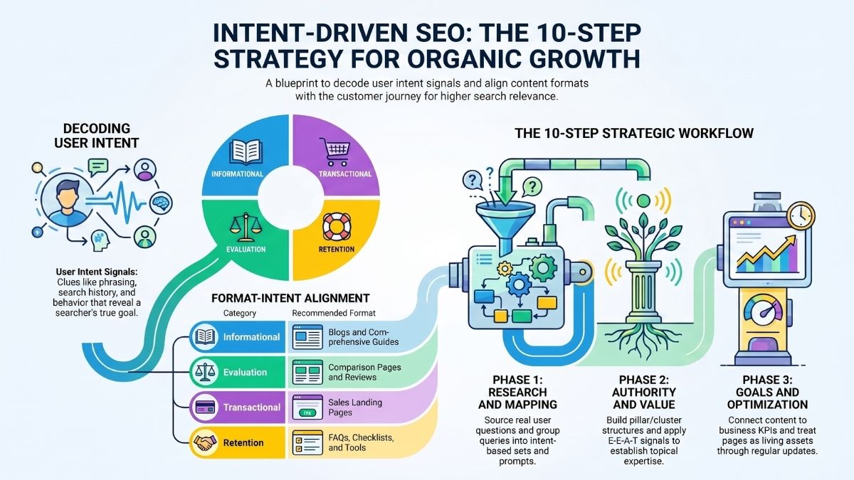 A workflow diagram outlining the step-by-step process of aligning an SEO content marketing strategy with customer user intent signals.